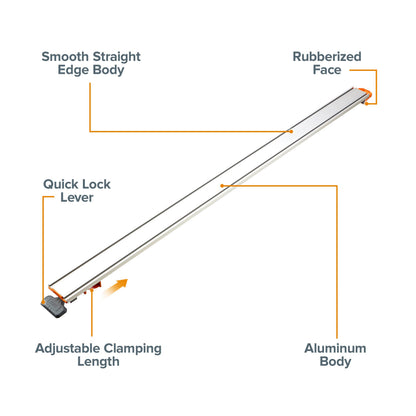Bora 50" NGX Clamp Edge Saw Guide for Straight Cuts, Circular Saw Guide Rail, Jigsaw, Router Cutting Guide with Adjustable Clamp End - T Track Aluminum Extendable Straight Edge Track Saw Kit - 544050