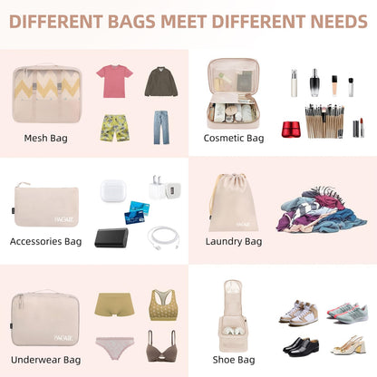 BAGAIL 8 Set Packing Cubes, Lightweight Travel Luggage Organizers with Shoe Bag, Toiletry Bag & Laundry Bag (Cream) - Available at All In One Marketplace Canada