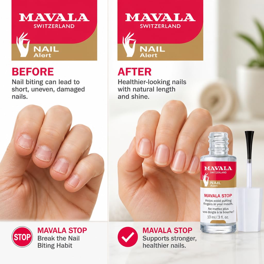 Mavala Stop Nail Biting Polish, No more putting Fingers in your Mouth, for Adults and Children, Invisible, Safe, and Bitter, 100% Made in Switzerland, Natural Ingredients, Cruetly Free, Vegan, 10 ml - Available at All In One Marketplace Canada