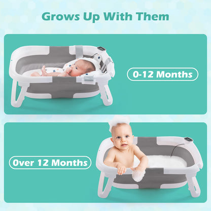 Baby BathTub, 4-in-1 Newborn to Toddler Tub with Temperature Sensor,Infant Waterproof Ear Cap and Soft Cushion included,Grey