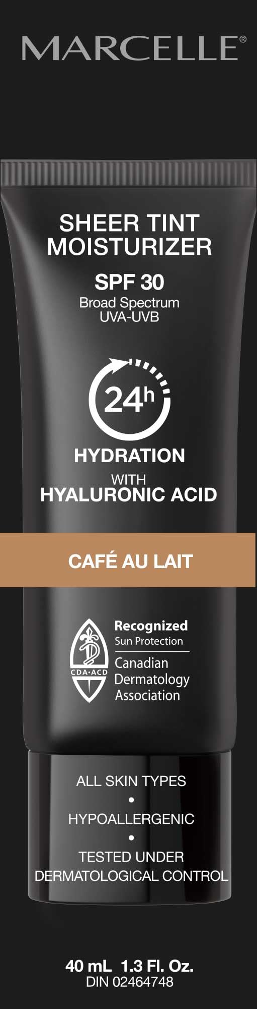Marcelle Sheer Tint Moisturizer SPF 30, Café Au Lait, with Hyaluronic Acid and Aloe, Hypoallergenic, Non-Comedogenic, Fragrance-Free, Paraben-Free, Oil-Free, 40 mL