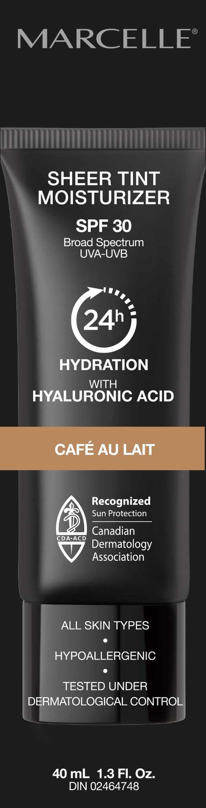 Marcelle Sheer Tint Moisturizer SPF 30, Café Au Lait, with Hyaluronic Acid and Aloe, Hypoallergenic, Non-Comedogenic, Fragrance-Free, Paraben-Free, Oil-Free, 40 mL