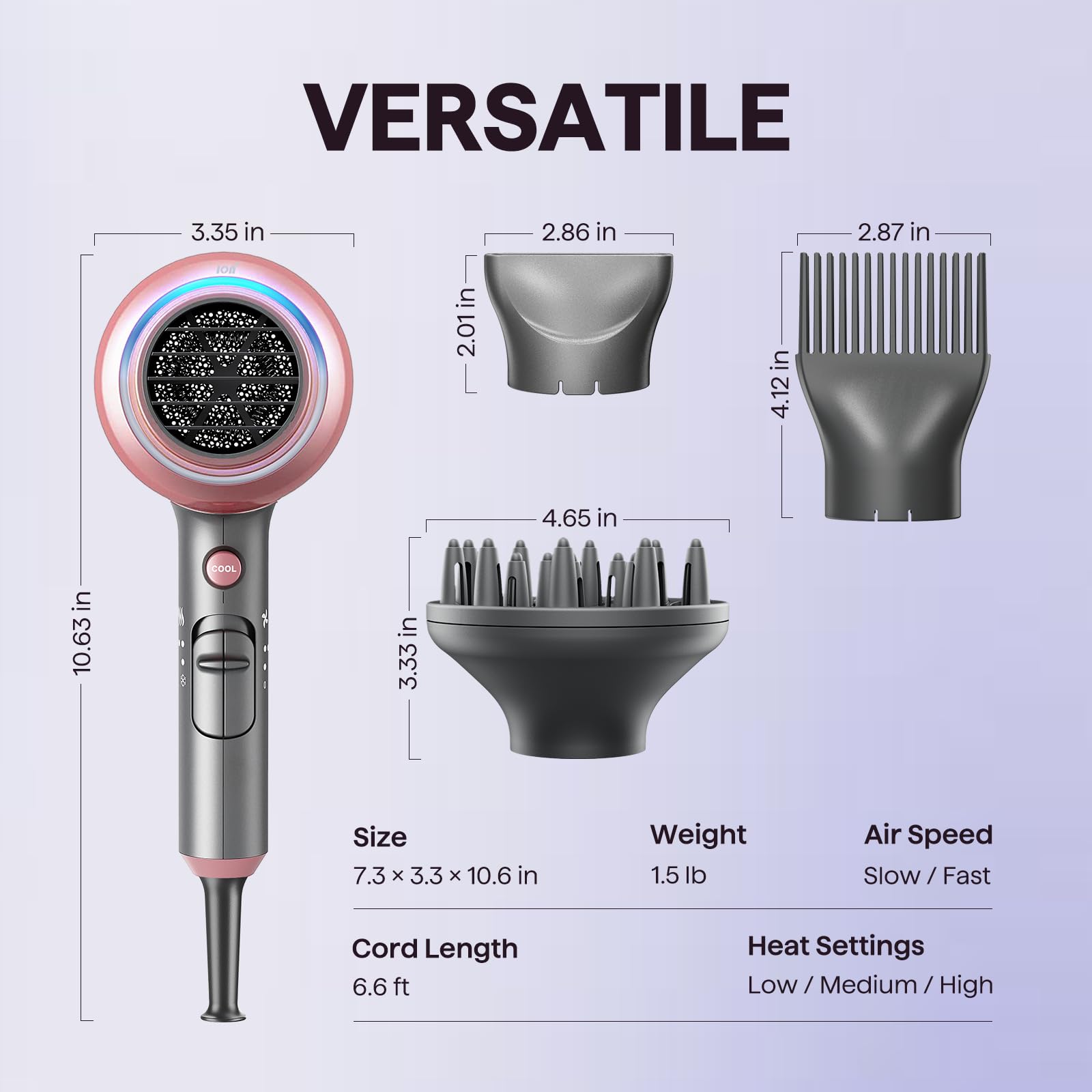 Wavytalk Hair Dryer with Diffuser, Blown Away Ionic Hair Dryer for Curly Hair, 1875W Fast Drying Blow Dryer with Ceramic Technology, 3 Attachments for All Hair Types, Light and Quiet, Blush Gold - Available at All In One Marketplace Canada