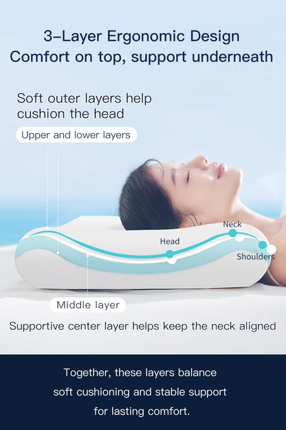 【Hotel Collection】 Memory Foam Pillow for Sleeping, Cooling Pillow with PCM Cover, Ergonomic Neck Support Pillow for All Sleep Positions, Soft Supportive Bed Pillow, Blue Grey, Queen (30"x16.5"x3.9")