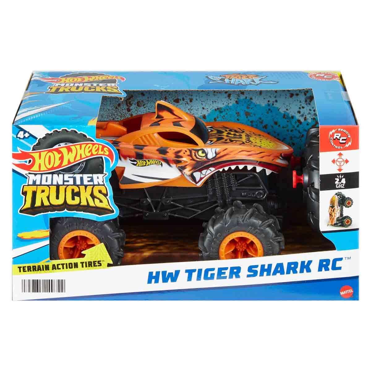 Hot Wheels Monster Trucks RC 1:24 Scale Tiger Shark Vehicle, Oversized Remote-Control Toy Truck with Terrain Action Tires