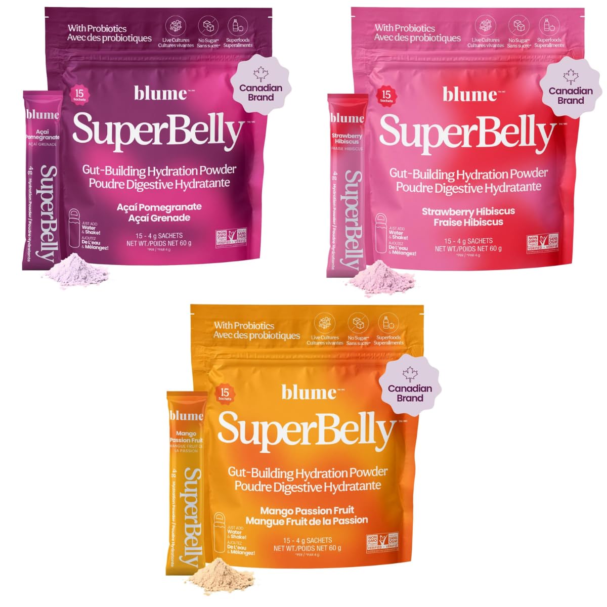 Blume SuperBelly Variety Pack – Gut Health Hydration Sticks, Sugar-Free Electrolytes, 45 Count