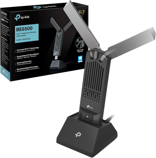 TP-Link BE6500 WiFi 7 USB Adapter (Archer TBE400UH) – Tri-Band 6GHz/5GHz/2.4GHz, High-Gain Adjustable Antennas, USB 3.0 Cradle, Up to 6500 Mbps, OFDMA MU-MIMO, WPA3, Windows 10/11 🍁 All In One Marketplace Canada TP-Link