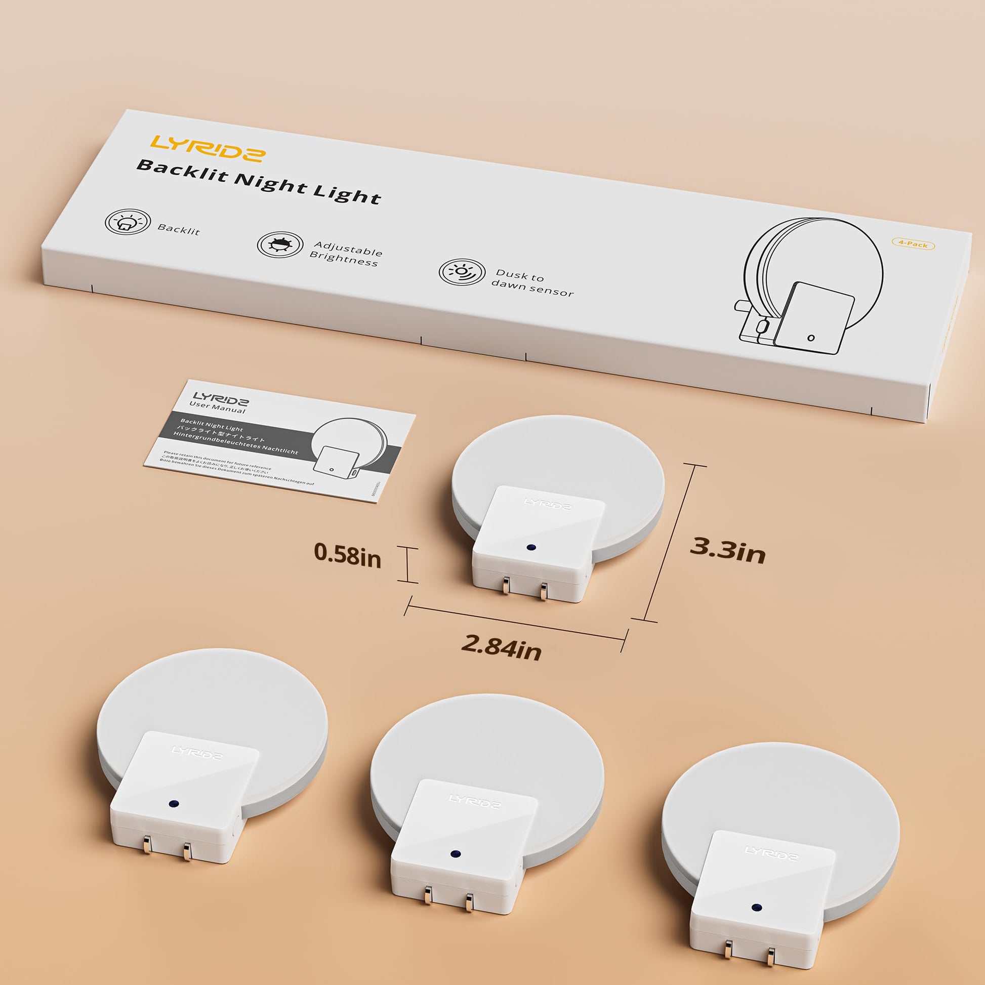 Lyridz Backlit Night Light Plug-in,[4 Pack] Glare-Free Indirect Glow, Dusk to Dawn Sensor, 1-50LM Dimmable Veilleuse, 2700K Warm White for Bedroom, Bathroom, Hallway
