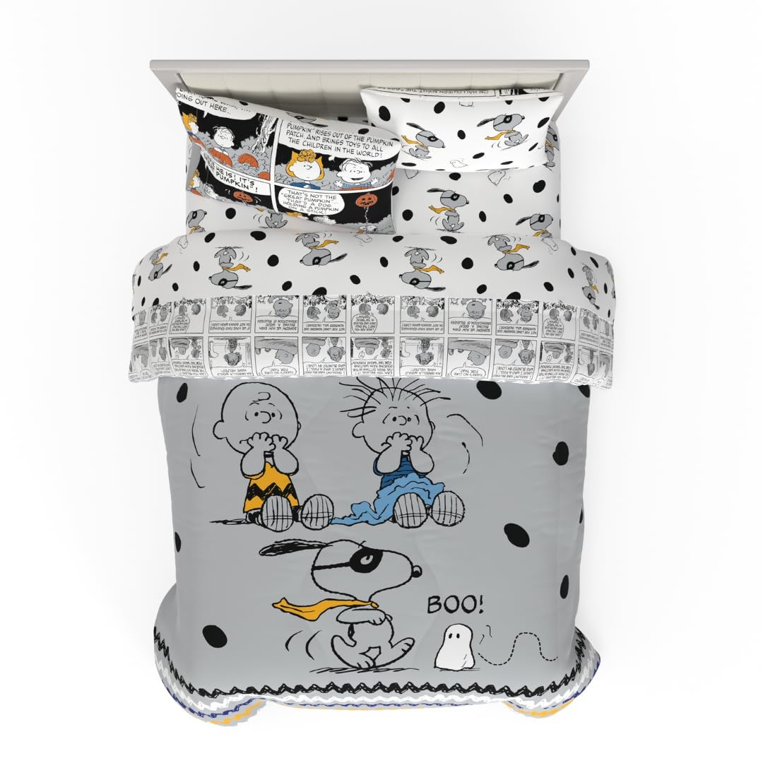 Parure de lit deux places Peanuts Halloween – Ensemble 5 pièces réversible, ultra doux et confortable, avec couette et draps à l'effigie de Snoopy et Charlie Brown (produit officiel Peanuts) par Franco