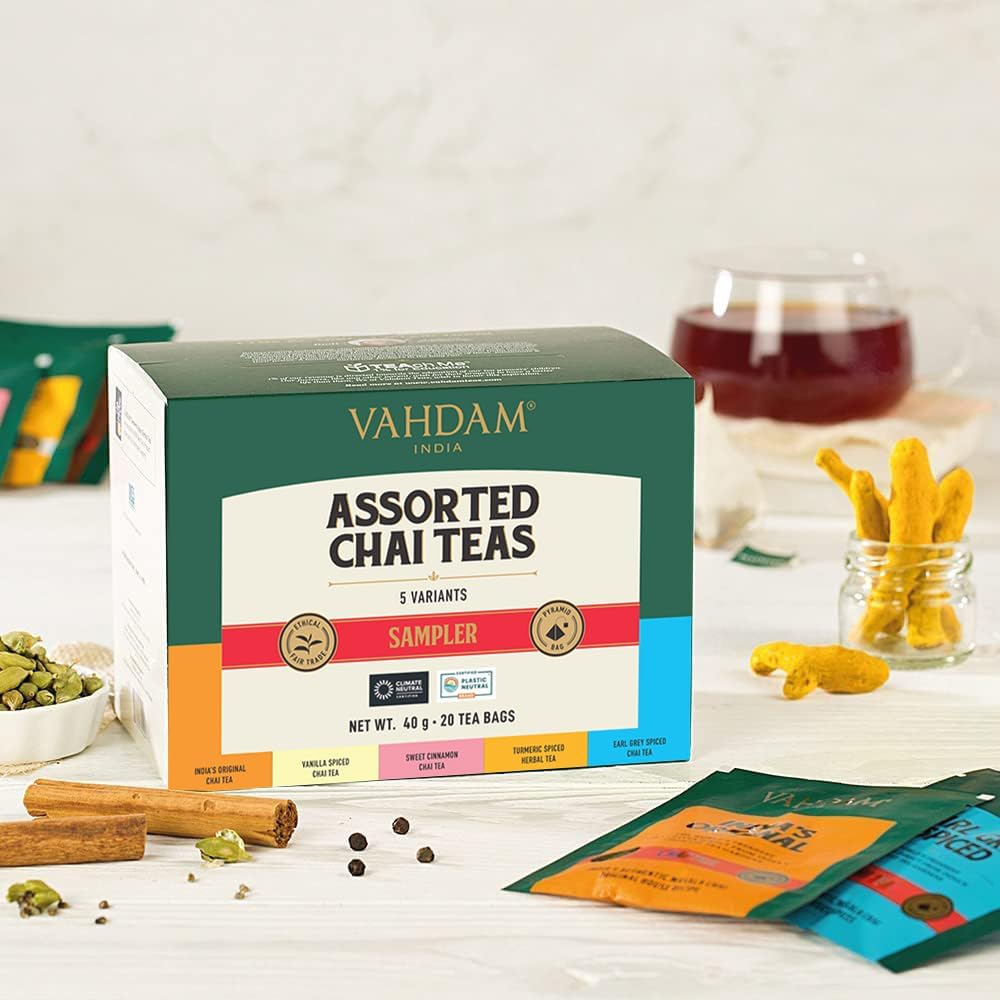 VAHDAM Assorted Chai Tea Bag Sampler(5 Flavors, 15 Pyramid Teabags)Tea Gift 🍁 All In One Marketplace Canada