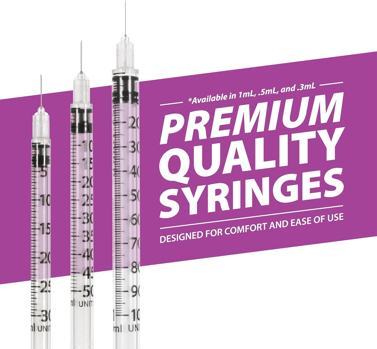 Easy Touch 28 Gauge U-100 Insulin Syringes (28G 1cc 1/2”) with 1/2” Long Needle, 1cc (100 Unit Capacity), Bold Markings for Accurate Dosing, Disposable, Box of 100 - Available at All In One Marketplace Canada