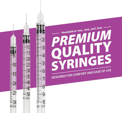 Easy Touch 28 Gauge U-100 Insulin Syringes (28G 1cc 1/2”) with 1/2” Long Needle, 1cc (100 Unit Capacity), Bold Markings for Accurate Dosing, Disposable, Box of 100 - Available at All In One Marketplace Canada