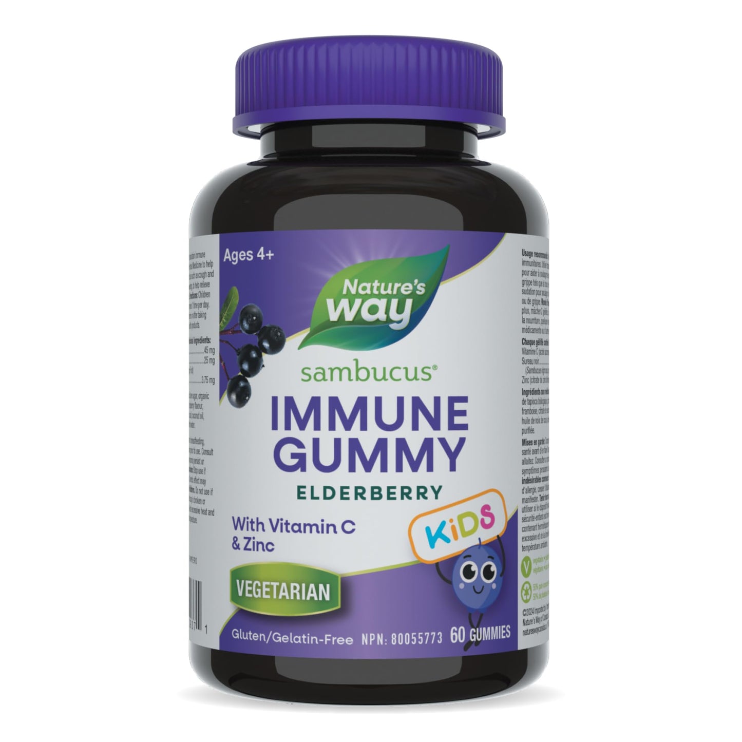Nature's Way Sambucus Immune Cold and Flu Care Elderberry Gummies with Vitamin C and Zinc - Immune Support for Kids 4+, 60 Gummies - Available at All In One Marketplace Canada