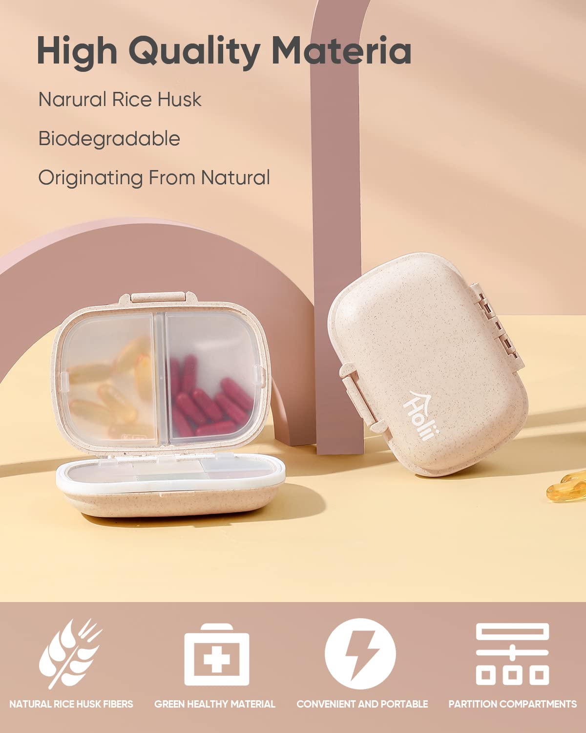 Holii Travel Pill Organizer, 8 Compartments Portable Pill Case, Daily Pill Box to Hold Vitamins, Small Pill Container for Pocket Purse Medicine Organizer（Khaki） - Available at All In One Marketplace Canada