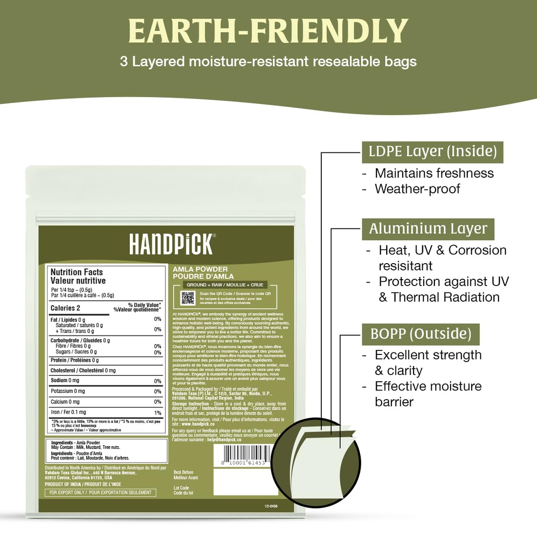 HANDPICK, Amla Powder (397gm/14oz) Halal Amalaki, Non-GMO | 100% Raw and Natural - Lab Tested for Purity | Indian Gooseberry Powder | Resealable Zip Lock Pouch