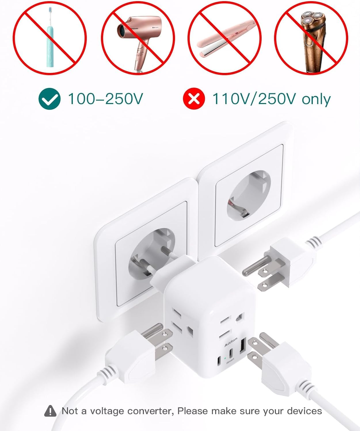 [2 Pack] European Travel Plug Adapter, International Power Plug Adapter with 3 Outlets 3 USB Charging Ports(2 USB C), Travel Essentials to Italy,Greece,Israel,France, Spain (Type C)