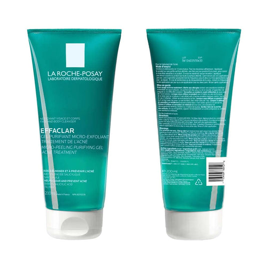 La Roche Posay Effaclar Micro-Peeling Purifying Gel Cleanser Acne Treatment. 2% salicylic acid face & body wash with niacinamide. Unclogs pores, exfoliates, acne marks. Oil-free, sensitive skin, 200ML - Available at All In One Marketplace Canada