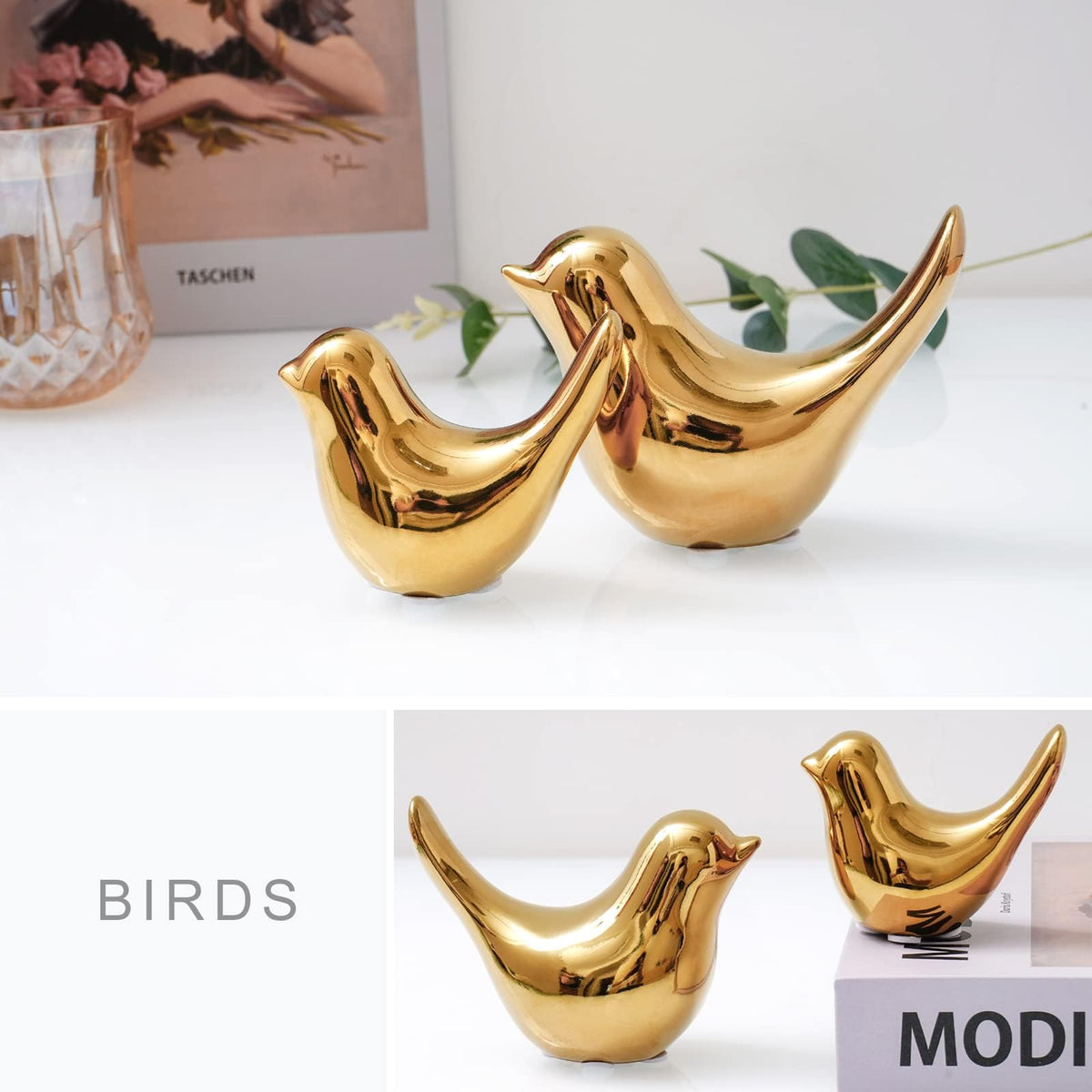2Pcs Gold Ceramic Bird Figurines, Shiny Metallic Decorative Bird Sculptures for Home, Shelf, Desk, Table, Holiday and Party Decor, Premium Gift for Living Room Bedroom Office 🍁 All In One Marketplace Canada