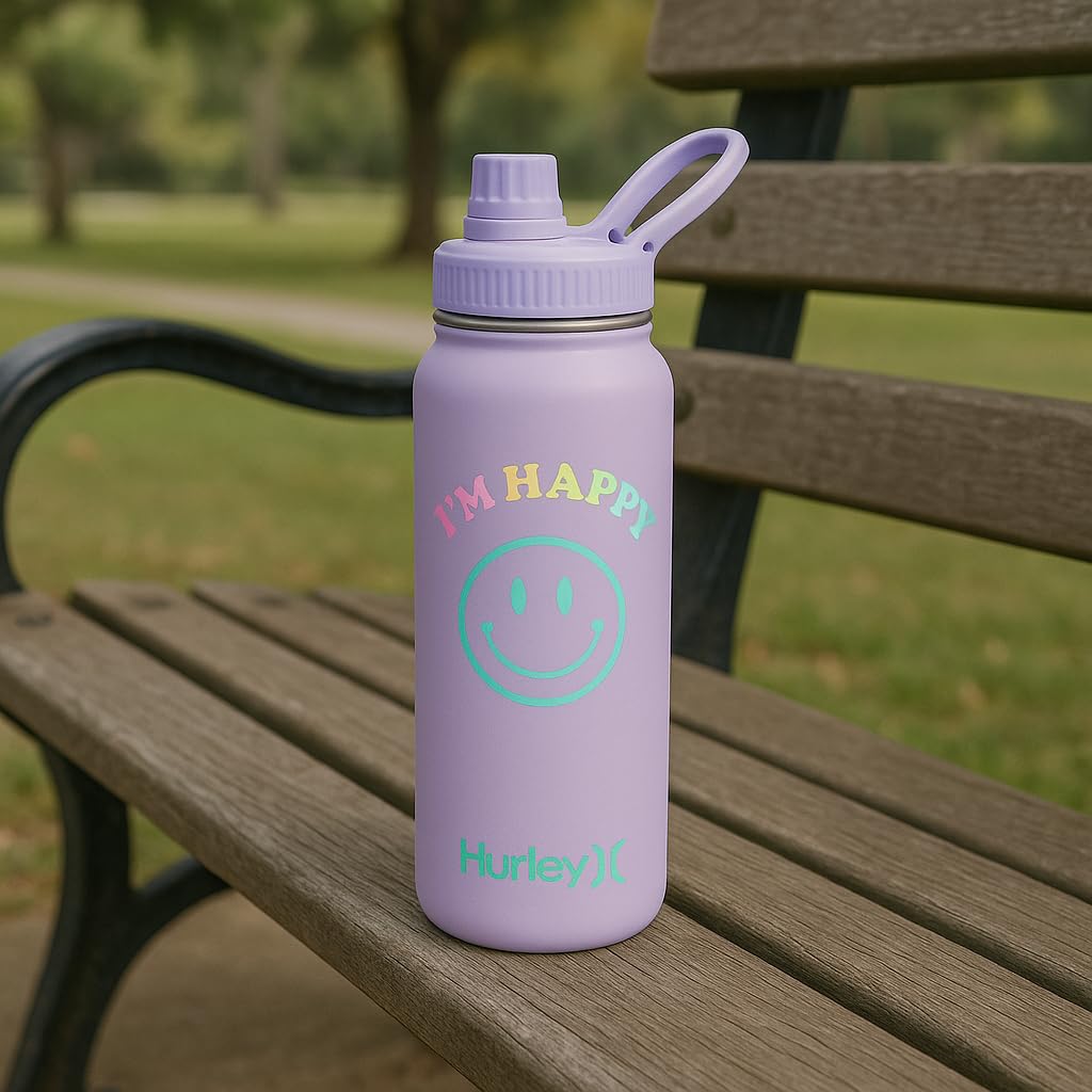 Hurley 32 Oz Reusable Water Bottle with Chug Cap Stainless Steel Sports Bottle "I'M HAPPY" Design with Handle on Lid, Purple