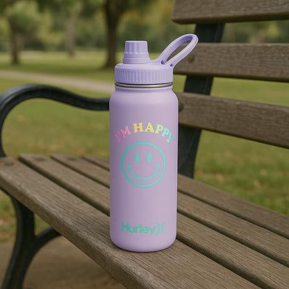Hurley 32 Oz Reusable Water Bottle with Chug Cap Stainless Steel Sports Bottle "I'M HAPPY" Design with Handle on Lid, Purple