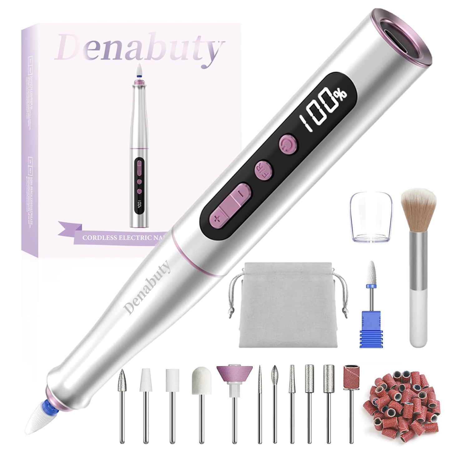 Denabuty Cordless Electric Nail Drill Machine, 13 in 1 Nail File Kit 35000RPM Professional Portable Rechargeable E File for Acrylic Polish Gel Removal Manicure Pedicure Set with 5 Speeds DN-2402 - Available at All In One Marketplace Canada