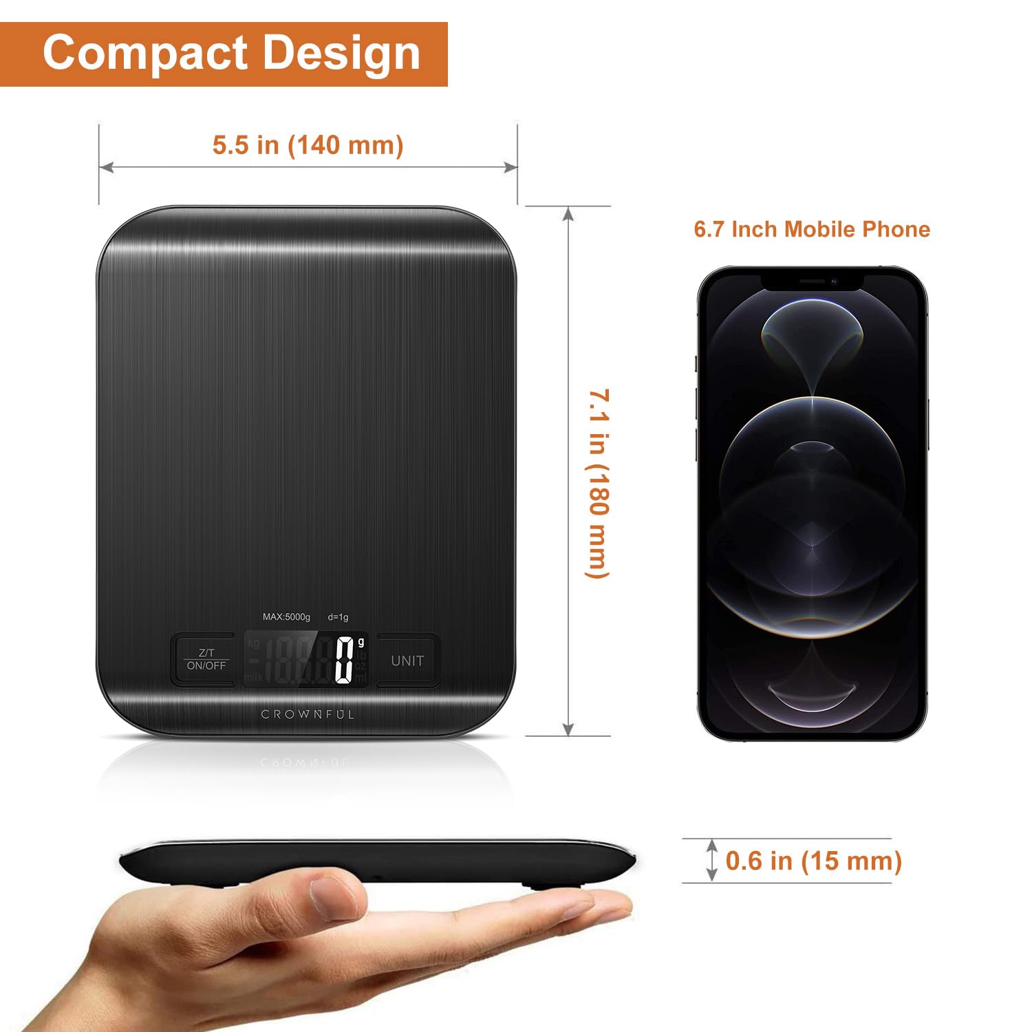 CROWNFUL Food Scale, 5kg/11lb Digital Kitchen Scales Weight Ounces and Grams for Cooking and Baking, 6 Units with Tare Function, Black (Battery Included)