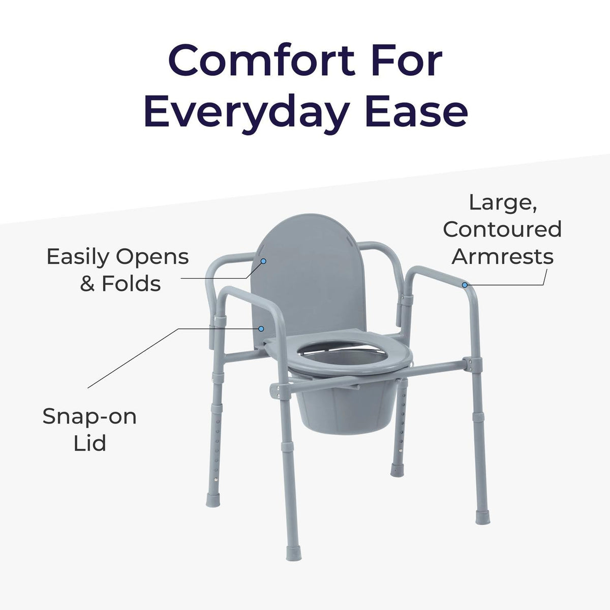 Drive Medical 11148-1 Folding Steel Bedside Commode Chair, Portable Toilet, Supports Bariatric Individuals up to 350 lbs, with 7.5 qt Bucket and 13.5 inch Seat, Grey