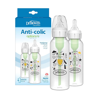 Dr. Brown’s Natural Flow® Anti-Colic Options+™ Narrow Baby Bottle, 8 oz/250 ml, Bear and Owl, 2 pack