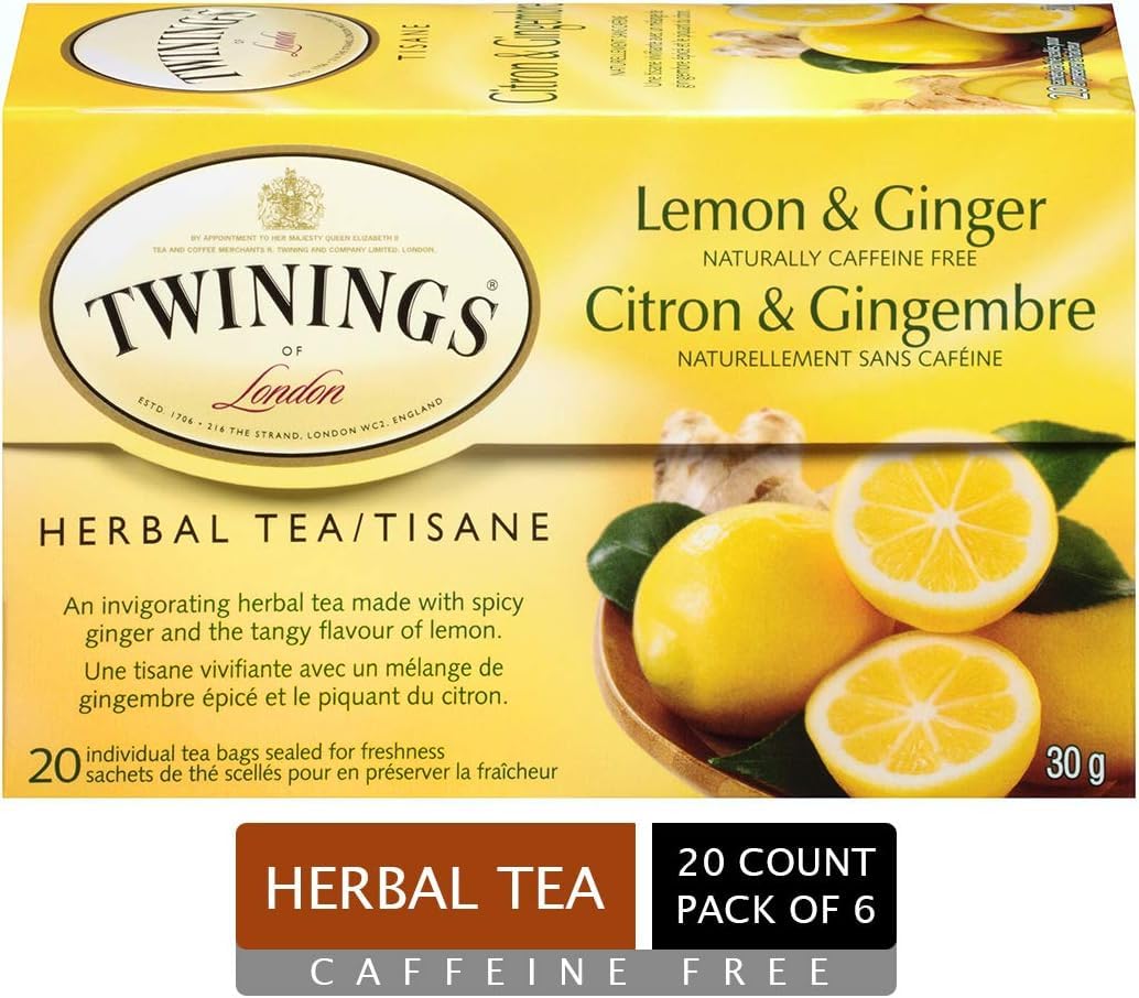 Twinings Lemon and Ginger Herbal Tea Bags - Caffeine-Free, 20 Count (Pack of 6)