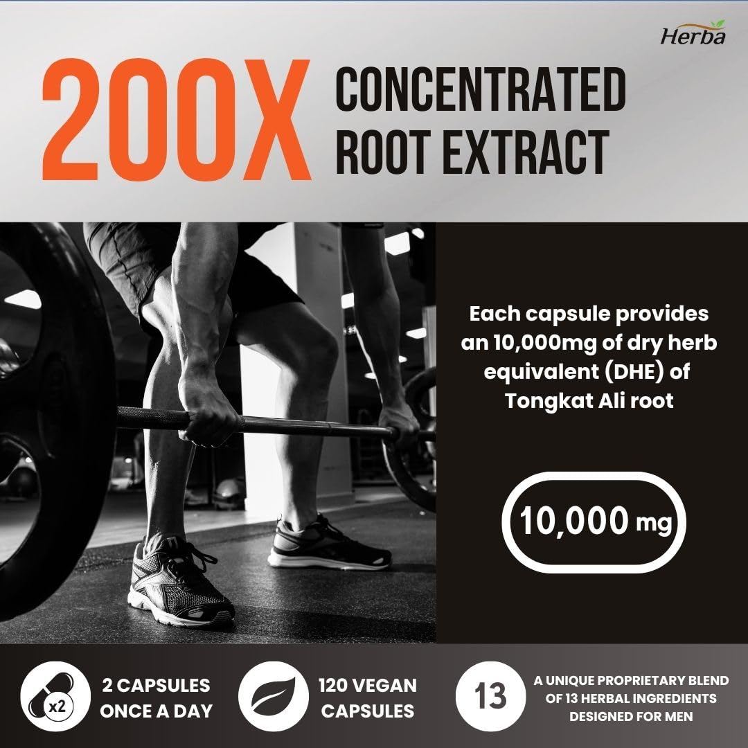 Herba Tongkat Ali Extract for Men - 200:1 Concentrate – 10,000mg Equivalent | 120 Vegetable Capsules | Enhanced Formula Made in Canada