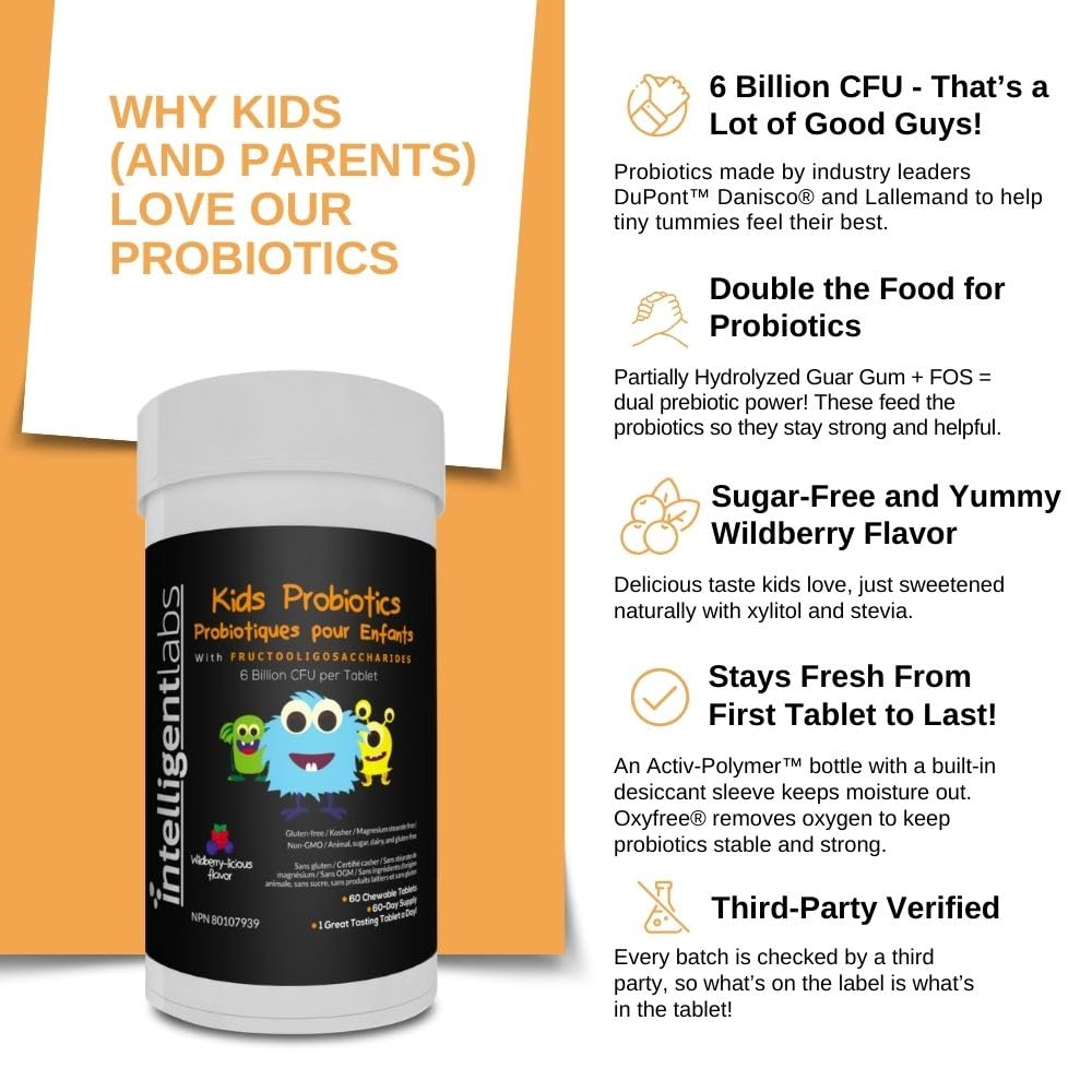 Intelligent Labs Kids/Children Probiotics 6 Billion CFU with Prebiotics, PHGG & FOS, Once-Daily Chewable, Great Taste, 10x Effectiveness, 60-Day Supply, Third-Party Verified - Available at All In One Marketplace Canada