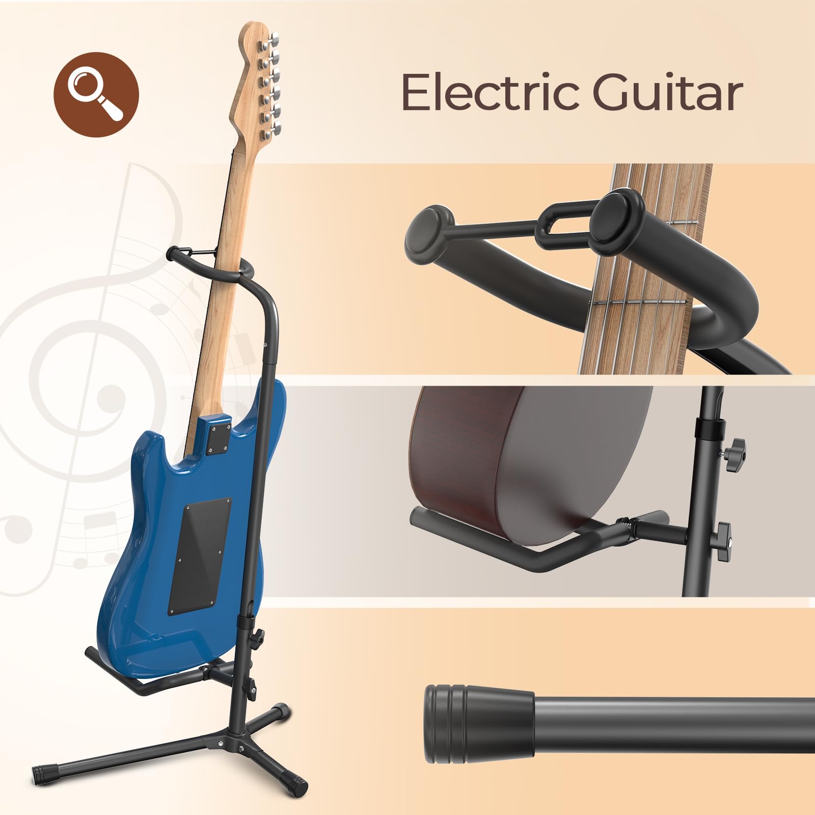 GLEAM Guitar Stand - Adjustable Fit Electric, Classical Guitars and Bass, Load Capacity 20LB, Accessories, Folding Type Black (CG-4)