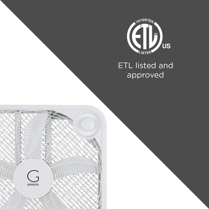 Genesis 20" Box Fan, 3 Settings, Max Cooling Technology, Carry Handle, White (G20BOX-WHT) Genesis