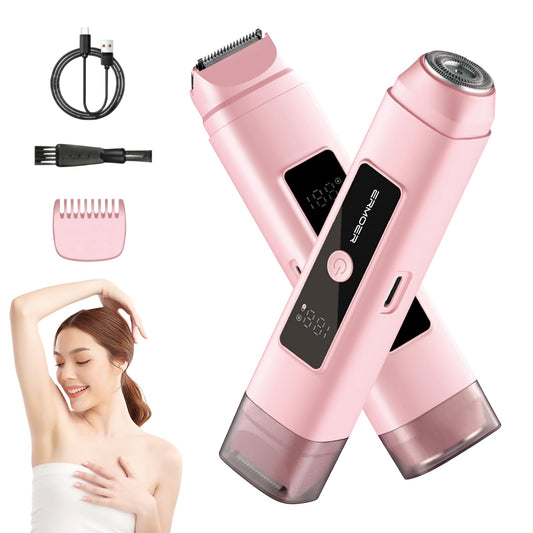 Bikini Trimmer Women, 2 in 1 Electric Razor, Painless Shaver for Women, IPX7 Waterproof USB Rechargeable Wet & Dry Hair Trimmer, Portable Travel Groomer for Bikini Line, Legs and Underarms, Pink