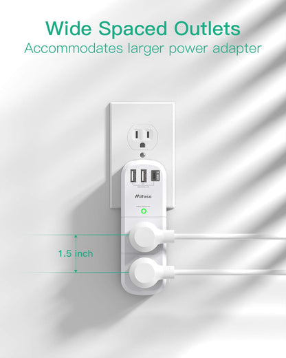 USB Outlet Extender Surge Protector - with Rotating Plug, 6 AC Multi Plug Outlet and 3 USB Ports (1 USB C), 3-Sided Swivel Power Strip with Spaced Outlet Splitter for Home, Office, Travel
