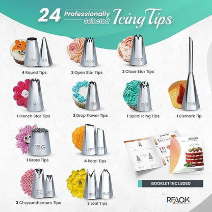 RFAQK 130 PCs Cake Decorating Kit Supplies with Cake Turntable-Cake leveler-24 Numbered Piping Tips with Pattern Chart & EBook- Straight & Offset Spatula-50 Piping Bags-3 Scraper Set-40 Cupcake Liners 🍁 All In One Marketplace Canada