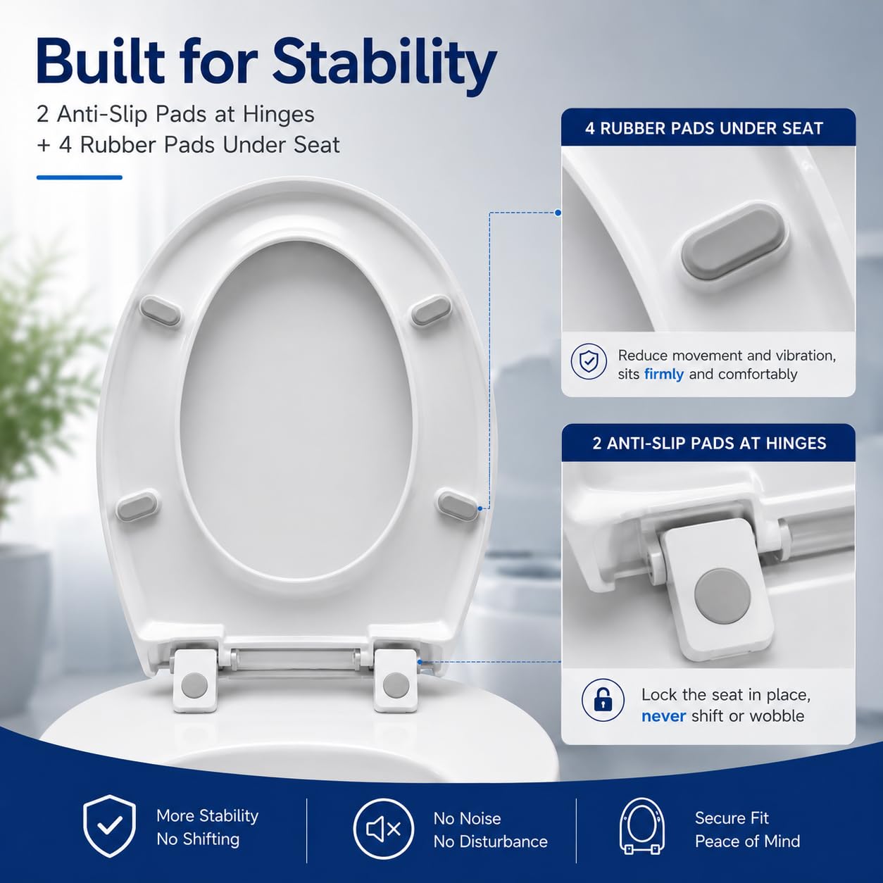 Elongated Toilet Seat, Not Round, Slow Close, White Plastic, 18.5”