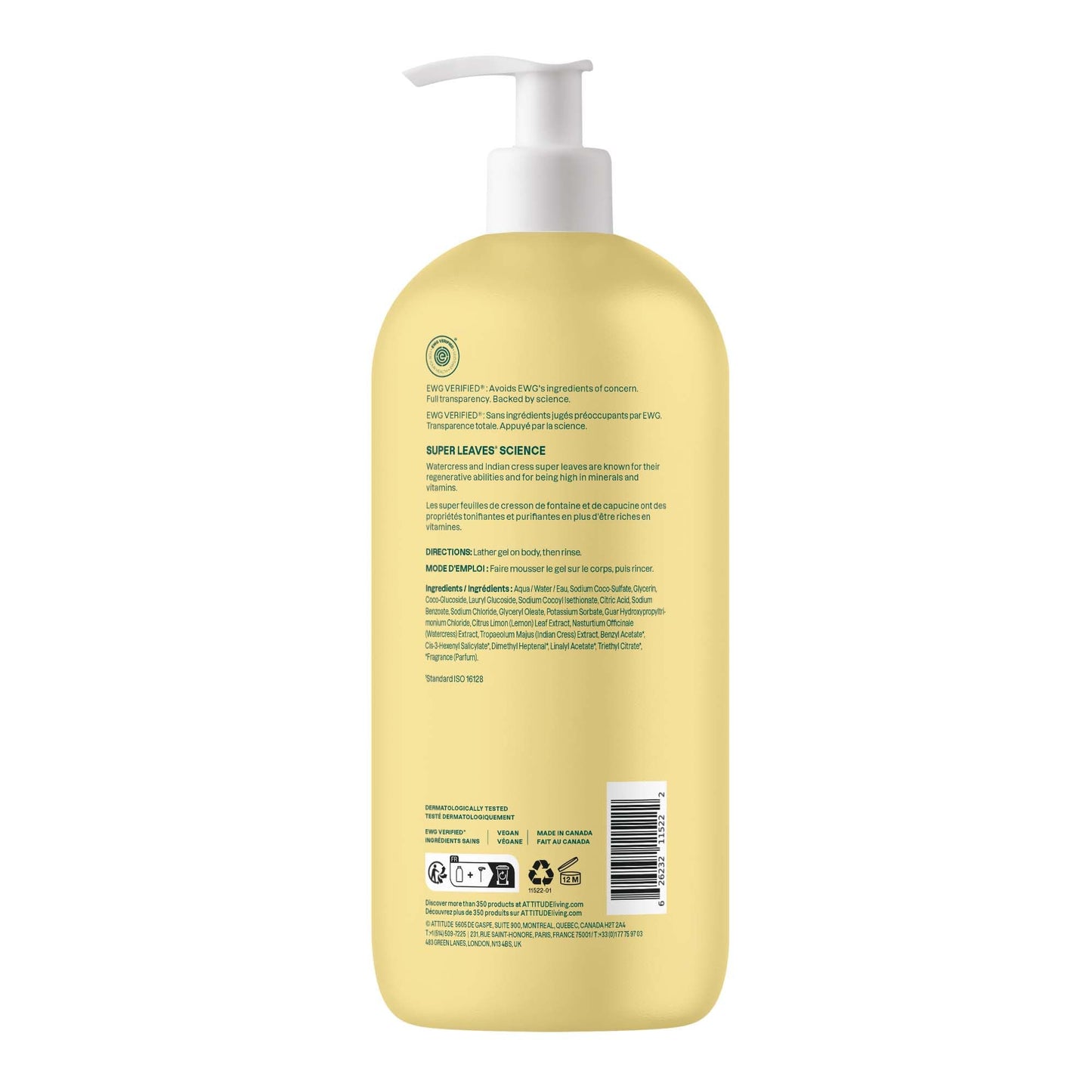 ATTITUDE Body Wash, Made in Canada, EWG Verified Shower Gel, Dermatologically Tested, Plant and Mineral-Based, Vegan Personal Care Products, Earl Grey & Fresh Cucumber Scent, 946 mL