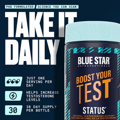 Blue Star Nutraceuticals Status - Natural Testosterone Support, Helps Increase Testosterone Levels & Muscle Strength, Clinically Researched Ingredients, 90 Veggie Caps, 30 Day Supply (NPN 80083809) - Available at All In One Marketplace Canada