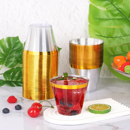 100 Pcs Gold Plastic Cups,9Oz Gold Rimmed Plastic Cups,Heavy Duty Gold Rim Clear Disposable Plasitc Cocktail Tumblers Wine Cup for Party,Wedding,Birthday,Christmas 🍁 All In One Marketplace Canada