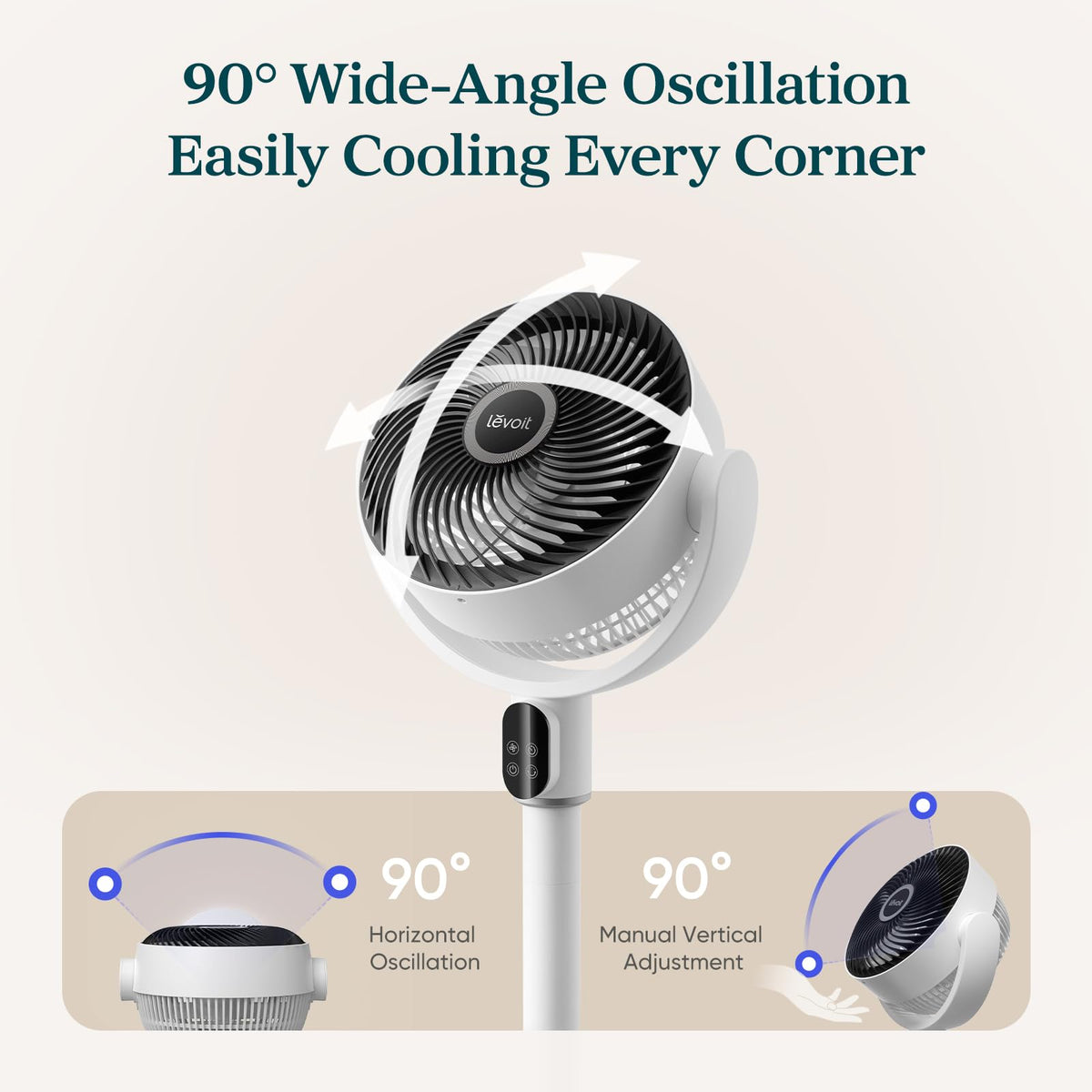 Levoit Standing Fan for Bedroom, 18dB Whisper Quiet Pedestal Fan for Sleep, 1024 CFM Ultra-High Airflow, 90° Oscillating Floor Fan, Remote, DC Motor, 5 Speeds, 12H Timer, For Home, Room, Office, White