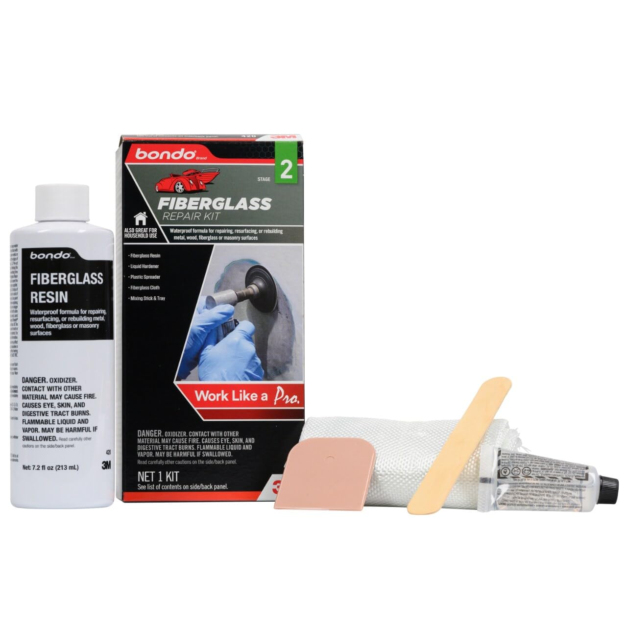 3M Bondo Fiberglass Resin Repair Kit, 0.45 Pint, Includes Fiberglass Resin, Liquid Hardener, Spreader, Fiberglass Cloth and Mixing Tray, Repair Holes & Scratches on Automobiles, Boats and More (420) 3M