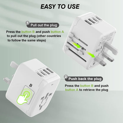VYLEE Universal International Power Travel Plug Adapter, 5 in 1 European Travel Plug Adapter W/ 3.5A 2xUSB-A and 2xUSB C Wall Charger and Worldwide AC Outlet for Europe USA UK AUS Asia (White)
