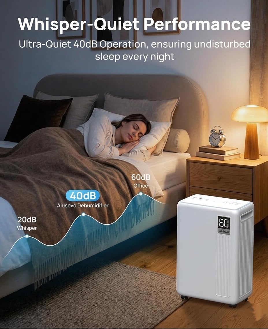 AIUSEVO 26 Pint Dehumidifiers for Basements & Home (Up to 2500 Sq.Ft), Ultra Quiet 40dB Bedroom Dehumidifier with 3 Modes, Continuous Drain & Auto Defrost to Reduce Moisture & Musty Odors - Available at All In One Marketplace Canada