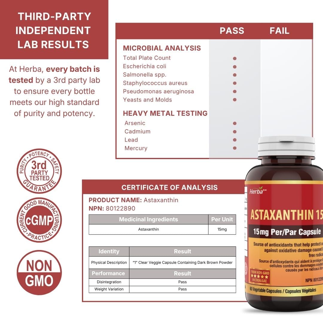 Herba Astaxanthin Supplement 15mg – 60 Vegan Capsules | Made with Non-GMO Micro-algae | Source of Antioxidant | Made and Third Party Tested in Canada - Available at All In One Marketplace Canada