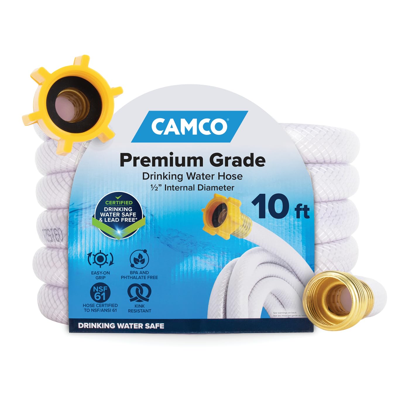 Camco TastePURE 10’ Camper/RV Drinking Water Hose - Certified Drinking Water Safe - Features Reinforced PVC Design w/Brass Fittings & Swivel Female Connector - 1/2-Inch ID (22743) 🍁 All In One Marketplace Canada