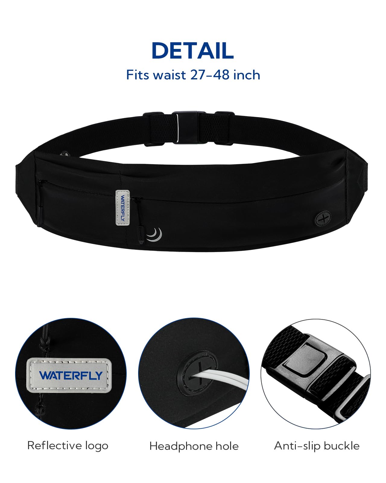 WATERFLY Running Belt Fanny Pack: Runner Marathon Jogging Waist Pack Sport Fitness Cell Phone Holder Pouch for Men Women Jogger Slim Stretchy Running Belt
