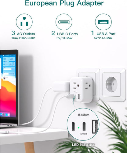 [2 Pack] European Travel Plug Adapter, International Power Plug Adapter with 3 Outlets 3 USB Charging Ports(2 USB C), Travel Essentials to Italy,Greece,Israel,France, Spain (Type C)