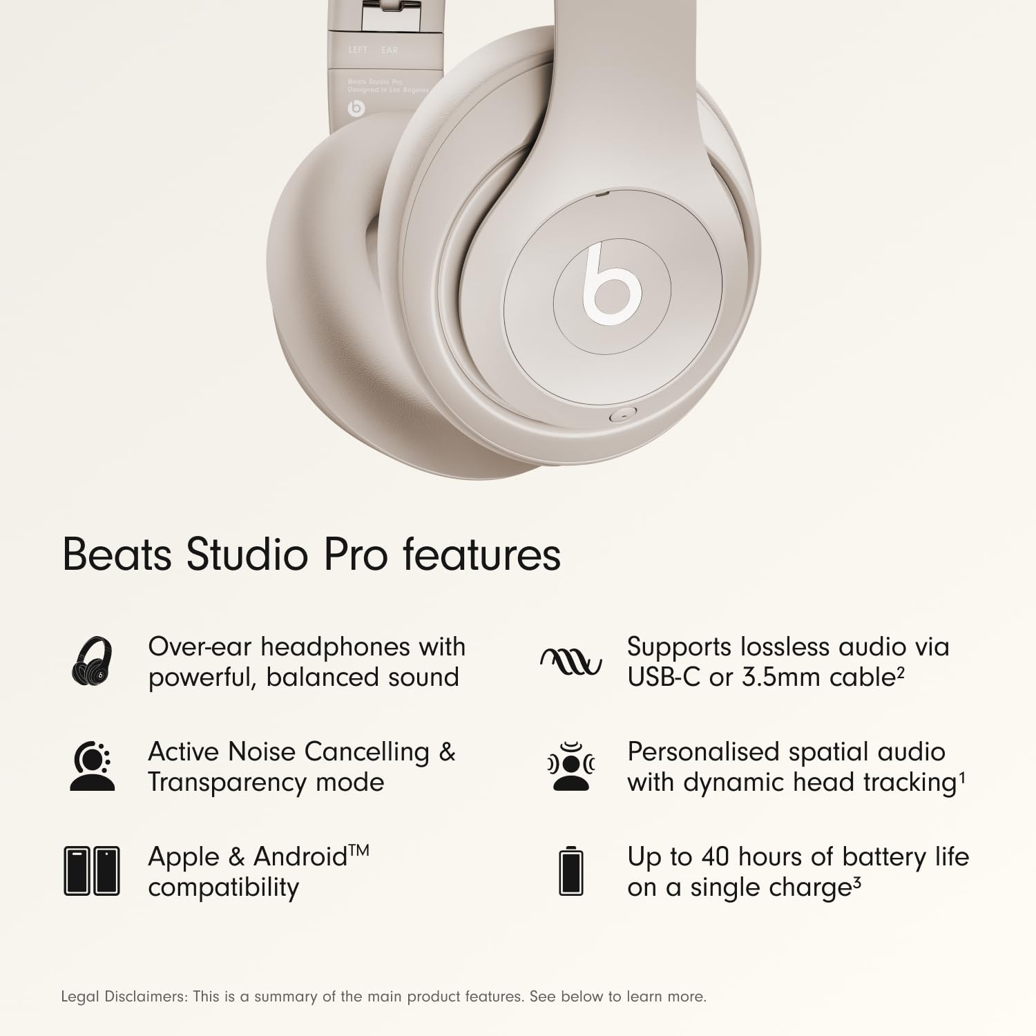Beats Studio Pro - Wireless Bluetooth Noise Cancelling Headphones - Personalized Spatial Audio, USB-C Lossless Audio, Apple & Android Compatibility, Up to 40 Hours Battery Life - Sandstone