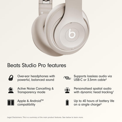 Beats Studio Pro - Wireless Bluetooth Noise Cancelling Headphones - Personalized Spatial Audio, USB-C Lossless Audio, Apple & Android Compatibility, Up to 40 Hours Battery Life - Sandstone